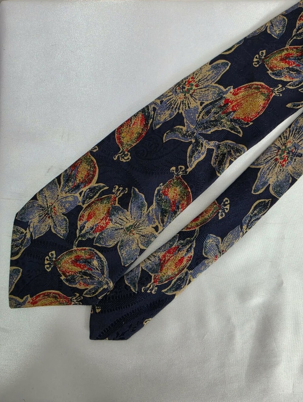 Balenciaga Navy Silk Tie with Red and Gold Floral Motif